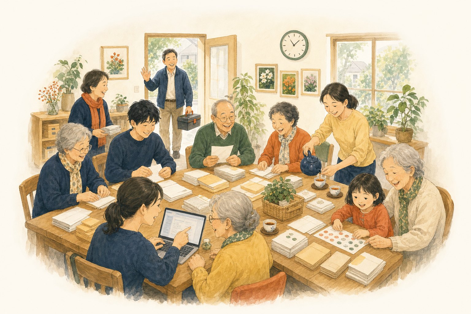 かけはし舎に、子どもから高齢の方まで様々な世代が集まり、テーブルを囲んで封入やラベル貼り、パソコン作業を楽しそうに一緒に行っているイラスト